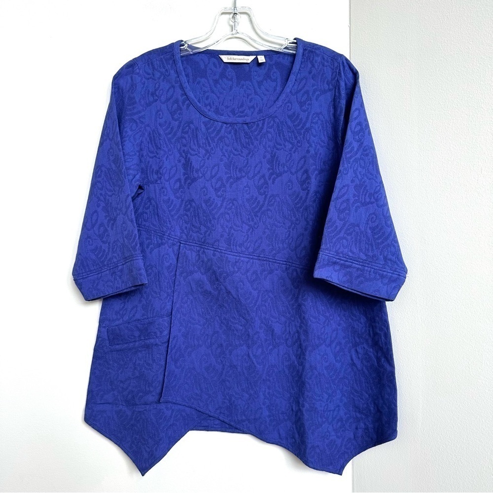 Soft Surroundings Tunic Royal Blue Floral Embossed Shark Bite Hem Front Pocket